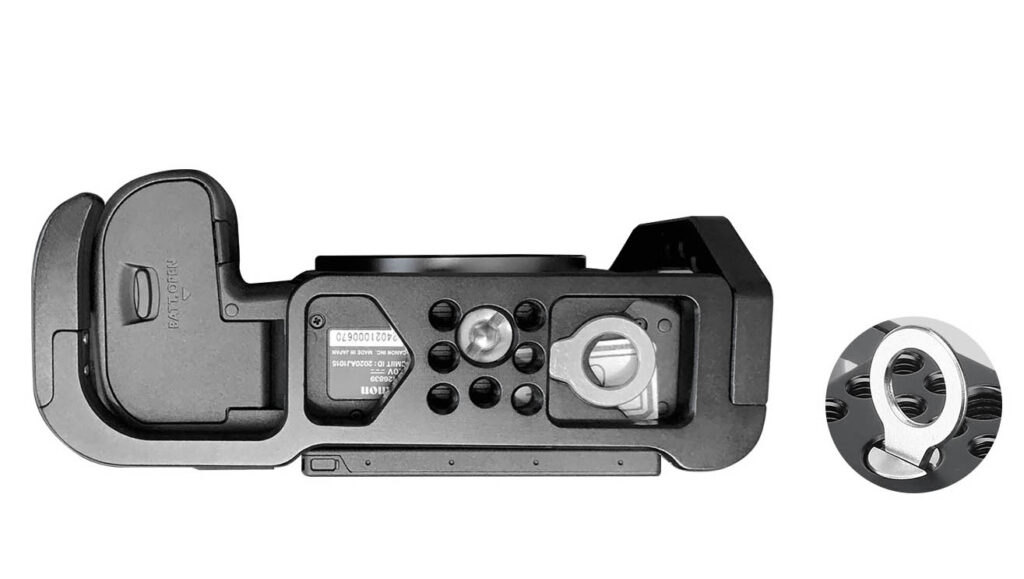 Vista inferior de la camera cage Leofoto para Canon EOS R5 con base Arca-Swiss integrada
