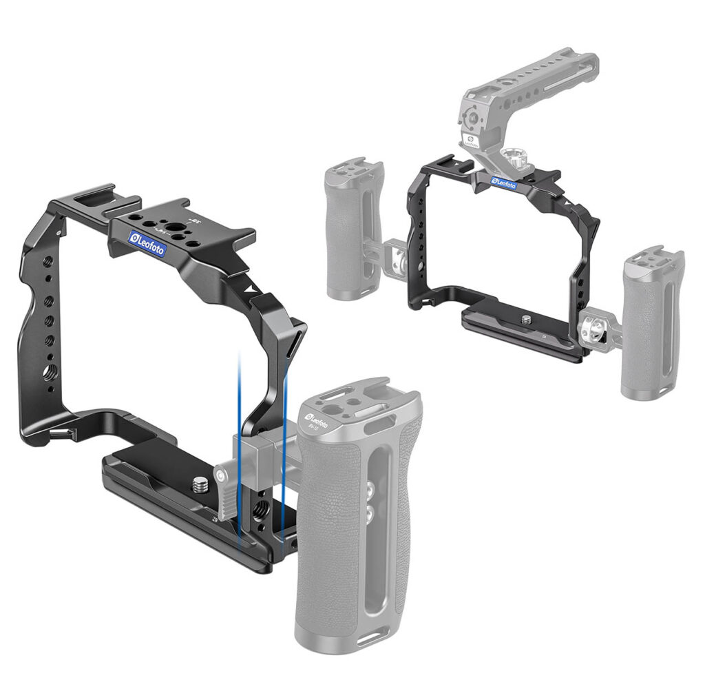 Camera cage Leofoto para Nikon Z8 con soportes y empuñaduras para grabación de vídeo