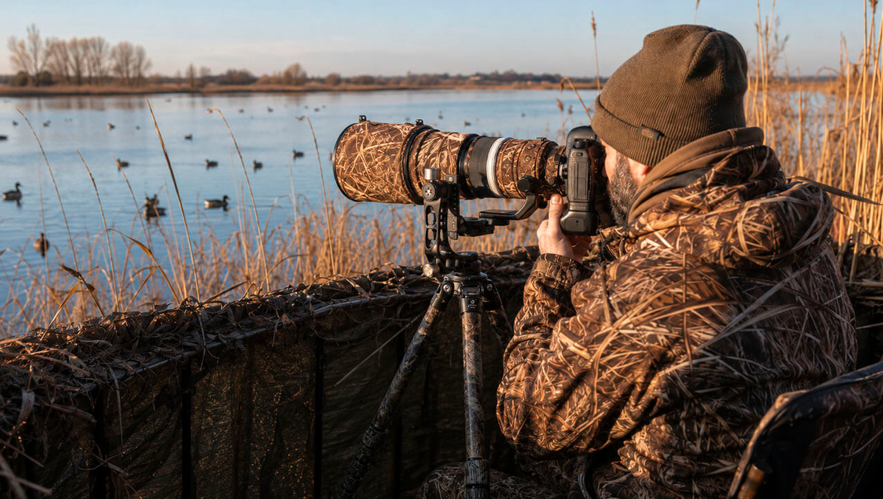 Fotógrafo de aves en hide con trípode y teleobjetivo largo