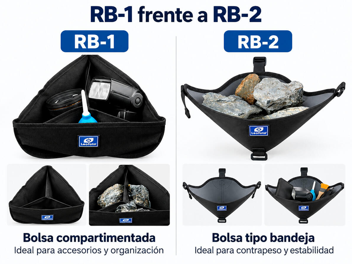 Comparativa Leofoto RB-1 compartimentada y RB-2 tipo bandeja para trípode
