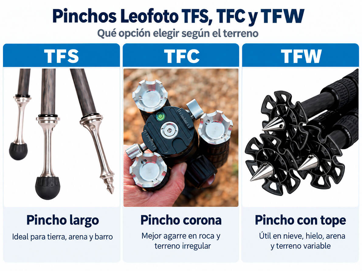 Pinchos Leofoto TFS TFC y TFW para trípode según el tipo de terreno
