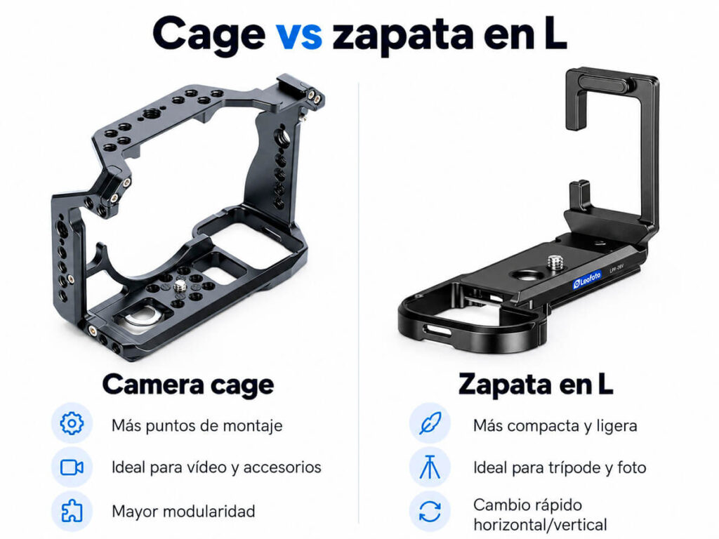 Comparativa entre camera cage Leofoto y zapata en L: la cage ofrece más puntos de montaje y modularidad; la zapata en L es más compacta y permite cambiar rápido entre horizontal y vertical