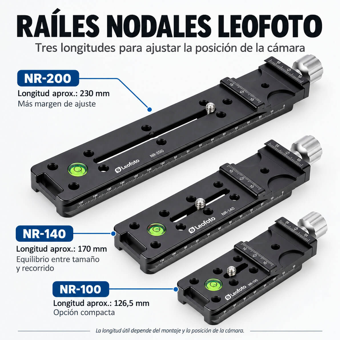 Comparativa de los raíles nodales Leofoto NR-100, NR-140 y NR-200